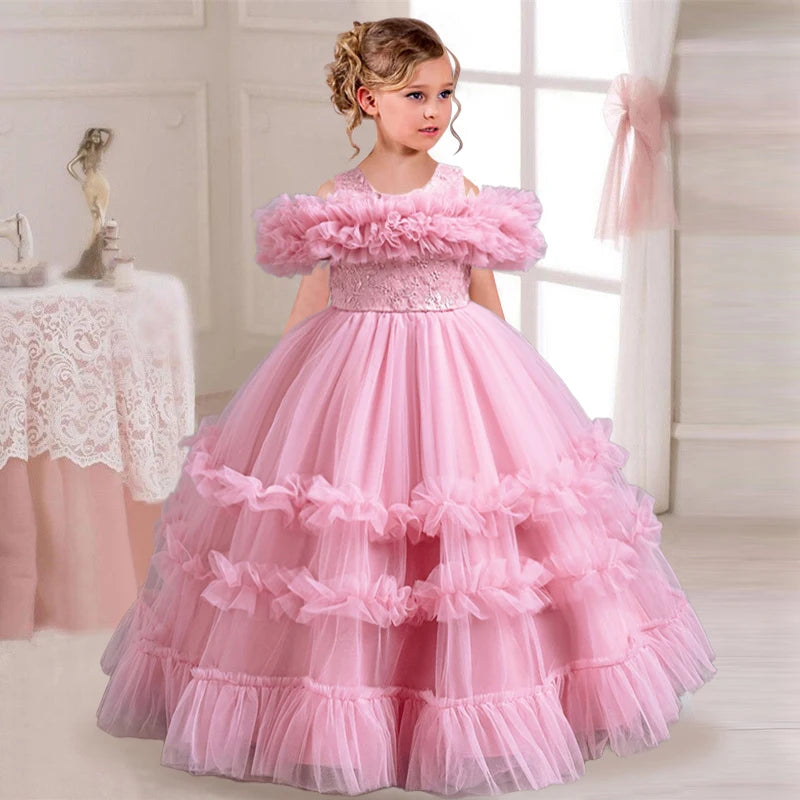 Neues elegantes Kleid für Mädchen, Blumenhochzeit, Hochzeit, langer bestickter Panto-Rock, 4–12 Jahre altes Klavier-Performance-Mädchenkleid