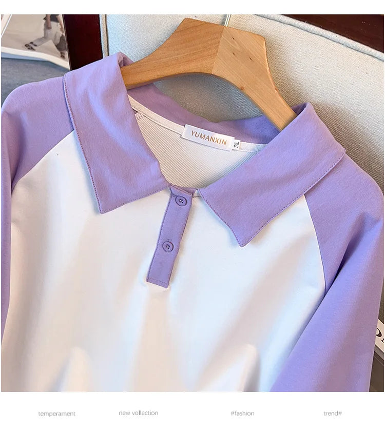 170kg plus size Damen büste Frühling Herbst loser Polo kragen kontrastieren des Sweatshirt schwarz lila 4xl 5xl 6xl 7xl 8xl 9xl