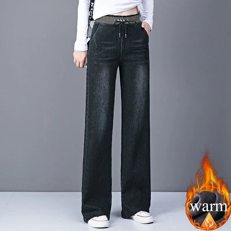 Women Elastic High Waist Straight Jeans Winter Warm Thicken Baggy Velvet Lined Wide Leg Denim Pants Korean Casual Vaqueros New.