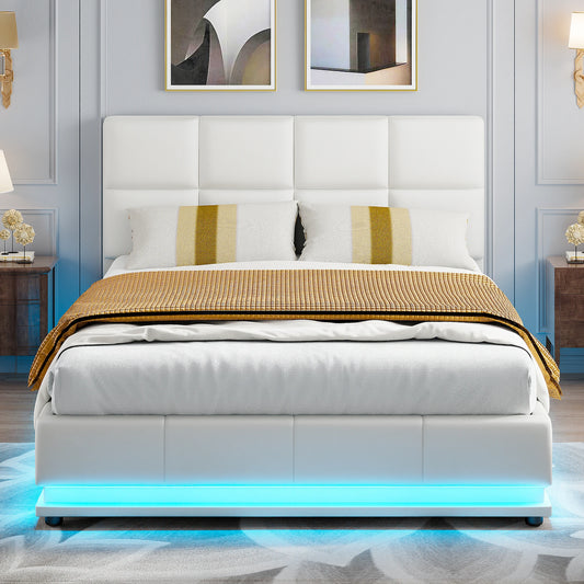 Comanlai Polsterbett 140 x 200 cm mit LED-Leuchten, hydraulisches Bett mit Stauraum, Doppelbett mit Lattenrost, Kunstleder, weiß