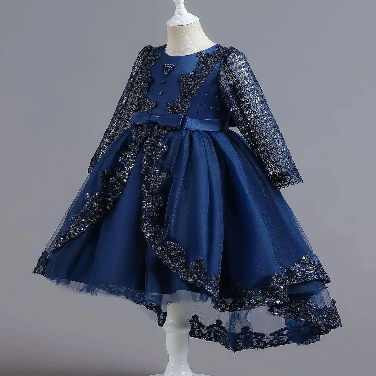 Party-Tüll-Kleider für Mädchen, langärmelig, Spitze, Perlen, nachgestelltes Prinzessinnenkleid für Kinder, Hochzeit, Geburtstag, Performance, Abendkleid