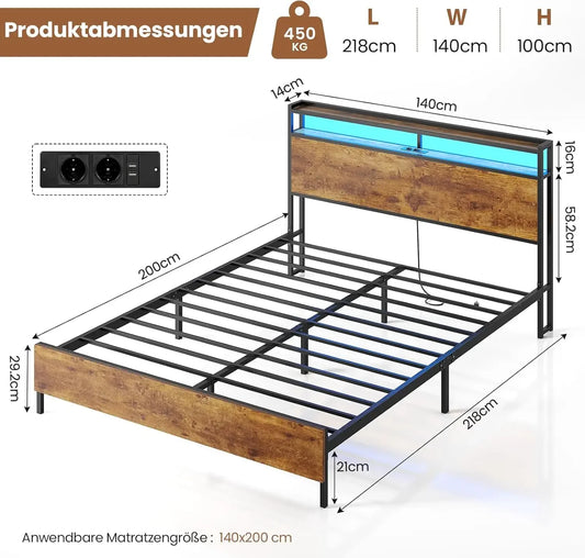 140x200 mit Gitterrahmen, integrierte LED-Beleuchtung und Ladestation (2 AC-Steckdosen, 2 USB-Anschlüsse), Bett 140x200 Mit Lattenrost Au
