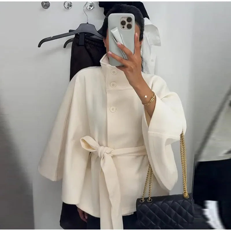 Damenmantel, kurze Cape-Mäntel für Damen, Gürtel, Mäntel aus Kunstwolle und Mischungen, Herbst-Winter, feste Mäntel, elegante Umhangjacke für Damen