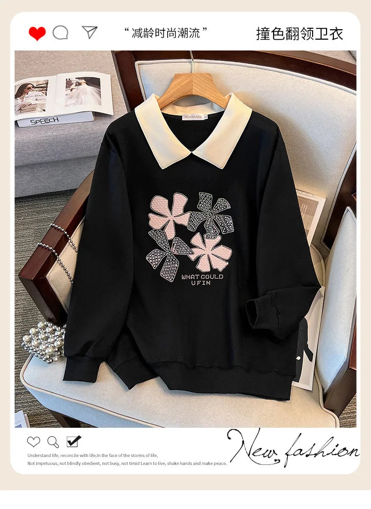 170 kg Plus Size Damen-Büste 170 Frühling Herbst Loose Diamond Collared Sweatshirt Schwarz 4XL 5XL 6XL 7XL 8XL 9XL