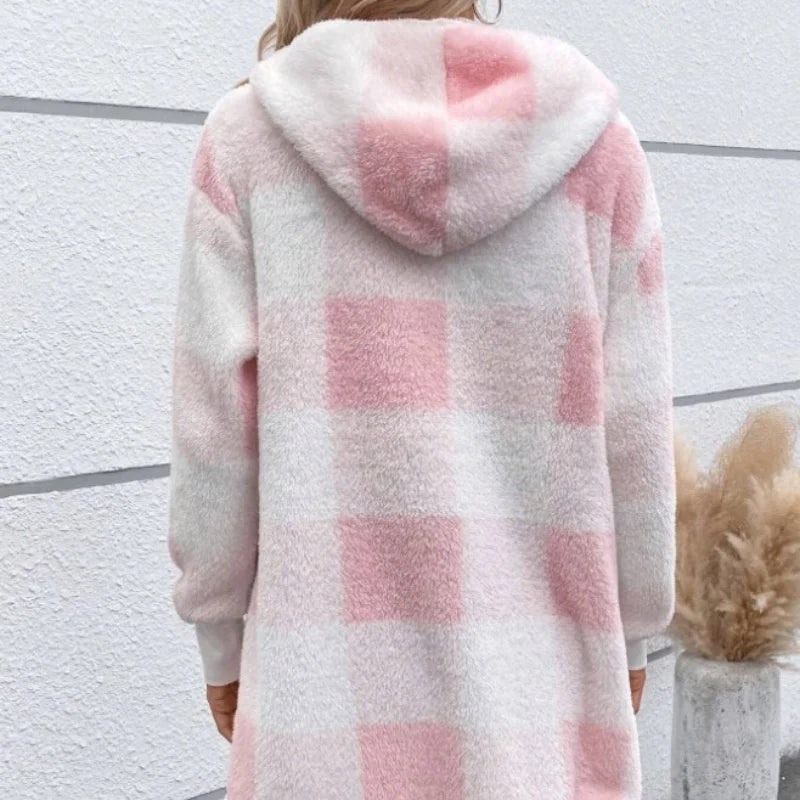 Frauen Herbst Winter Doppel Fleece Plaid Strickjacke Weiche Lose Lange Hülse Plüsch Warme Mit Kapuze Jacke Weibliche Patchwork Oberbekleidung Mantel