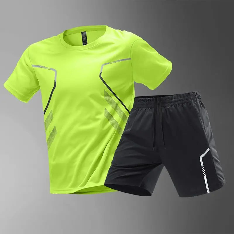 Summer Men Sets New Quick Dry Breathable Gym Clothing Training Short Sleeve Tops Shorts Suit Outdoor Daily Leisure Two-Piece Set.