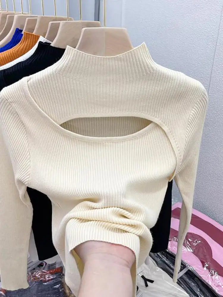 2025 weibliche Casual Pullover Herbst Winter Sexy Aushöhlen Frauen Pullover Schlank Vintage Jumper Weiche Warme Pull Gestrickte Pullover Tops