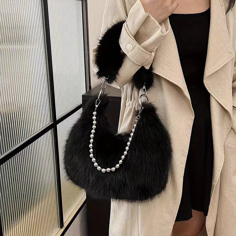 Luxurious Faux Fur Tote Bag Chic Underarm Shoulder Bag Stylish Handbag & Purse with Pearl Chain Strap, Polyester Lined Interior.