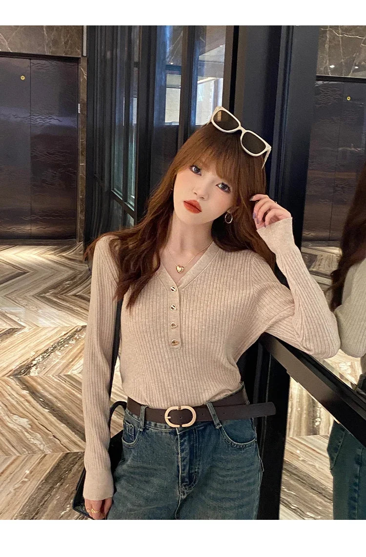 2023 herbst Winter Frauen Pullover Beiläufige Dünne Taste Gestrickte Pullover Pullover Femme Grundlegende Solide Jersey Tops Mode Kleidung