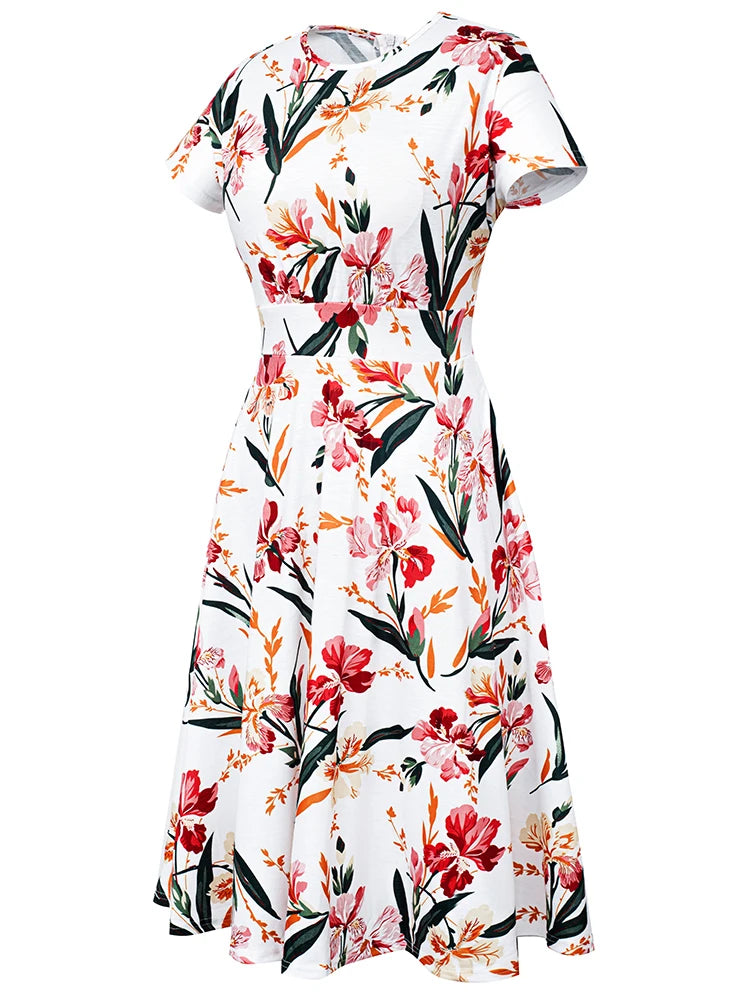 Nice-forever Vintage Elegante Blumen Druck Plissee Rundhals vestidos A-Line Pinup Business Party Frauen Flare Swing Kleid A102
