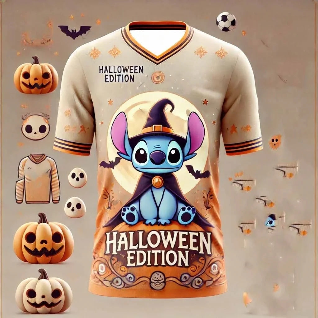 Disney Women's Men's Sports Jersey Halloween Stitch Print Short Sleeve Summer Graphic Tee Children Cartoon Size Sport T-Shirt.