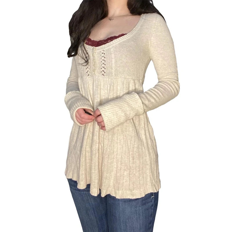 2000er Jahre Vintage Langarm Babydoll Strickpullover Tops Cottage Milkmaid Pullover Ästhetische Grunge Y2k Strickwaren T-Shirts Damen