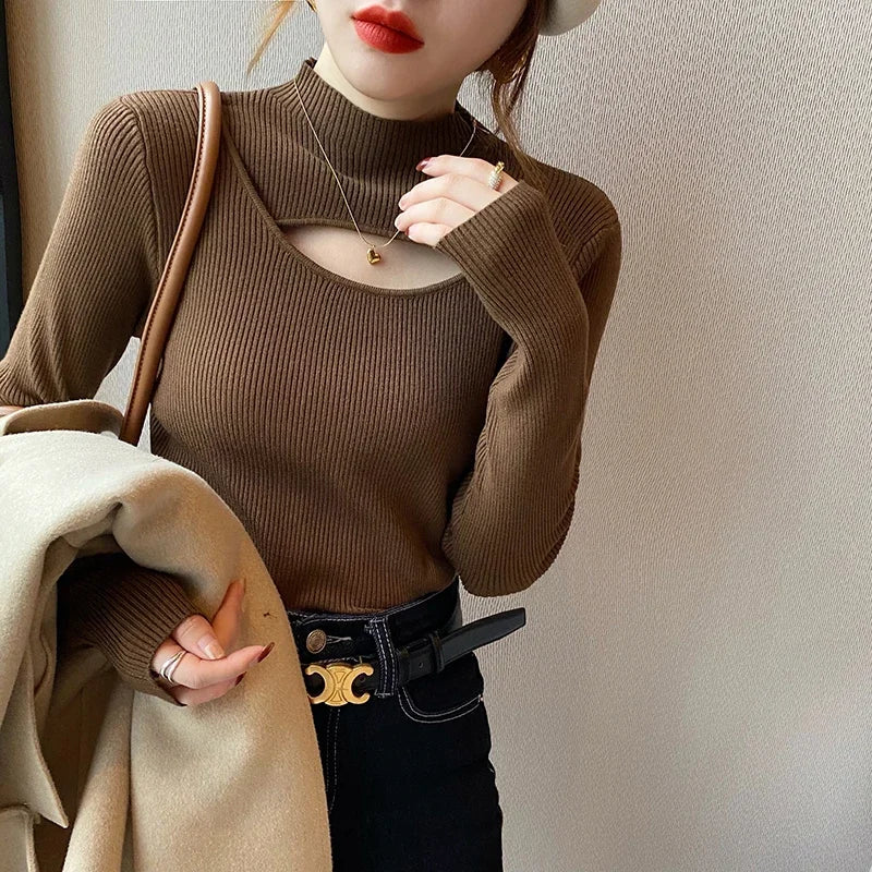 Herbst Winter Gestricktes Hemd Frauen Pullover Stricken Pullover Tops Mode Weibliche Lange Hülse Dünne Elastische Dünne Pullover Shirts