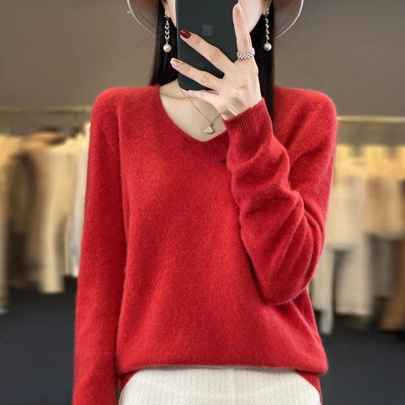 2024 100% Merino Reine Wolle V-ausschnitt Herbst Und Winter Pullover Pullover Neue Kaschmir Pullover frauen Beiläufige Gestrickte Top DMR201