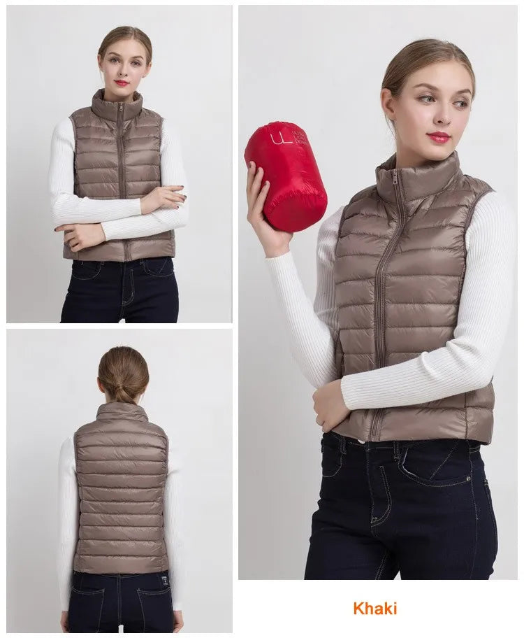 0-10 ℃ Frauen Westen Herbst Winter Ultra Licht Ente Unten Weste Weibliche Dünne Ärmellose Jacke Winddicht Warme Puffer Weste 4XL