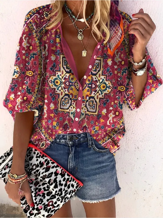 2024 New Women's Shirts & Blouses Fashion Vintage Printed Casual Vacation Bohemian Style Lady Single-breasted Shirt Streetwear.