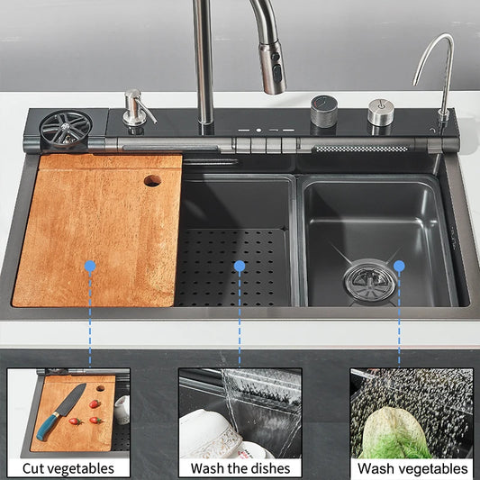 304 Stainless Steel Multifunctional Kitchen Sink Faucet Set Rainfall Spout Pull Out Sprayer Pure Tap Cold Hot Water Mixer