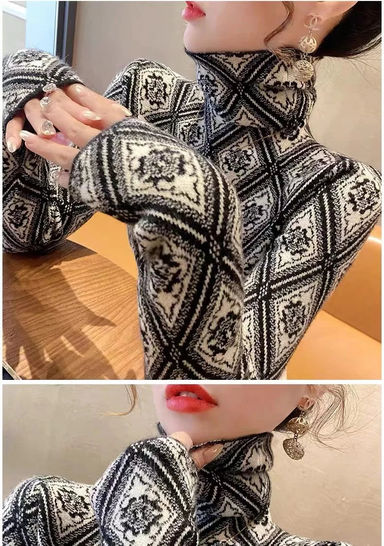 Frauen Kleidung Mode Rollkragen Argyle Stricken Pullover Herbst Winter Elegante Chic Schlanke Langarm Pullover Büro Dame Y2K Top