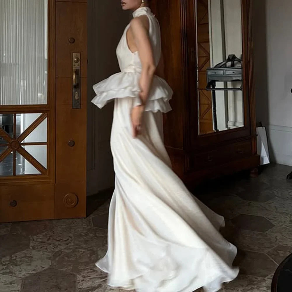 VGH Solide Abend Gespleißt Rüschen Maxi Kleider für Frauen High Neck Ärmellose Tunika Temperament Zeremonie Kleid Weibliche Kleidung