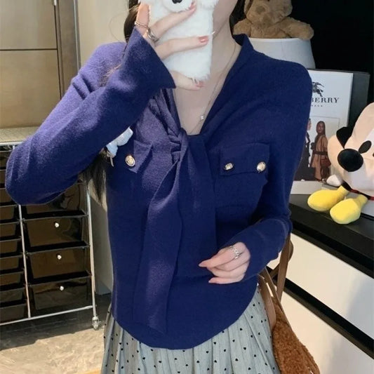 Frauen Frühling Herbst Einfachheit Büro Dame V-ausschnitt Einfarbig Langarm Strickwaren Damen Mode Alle-spiel Temperament Tops.