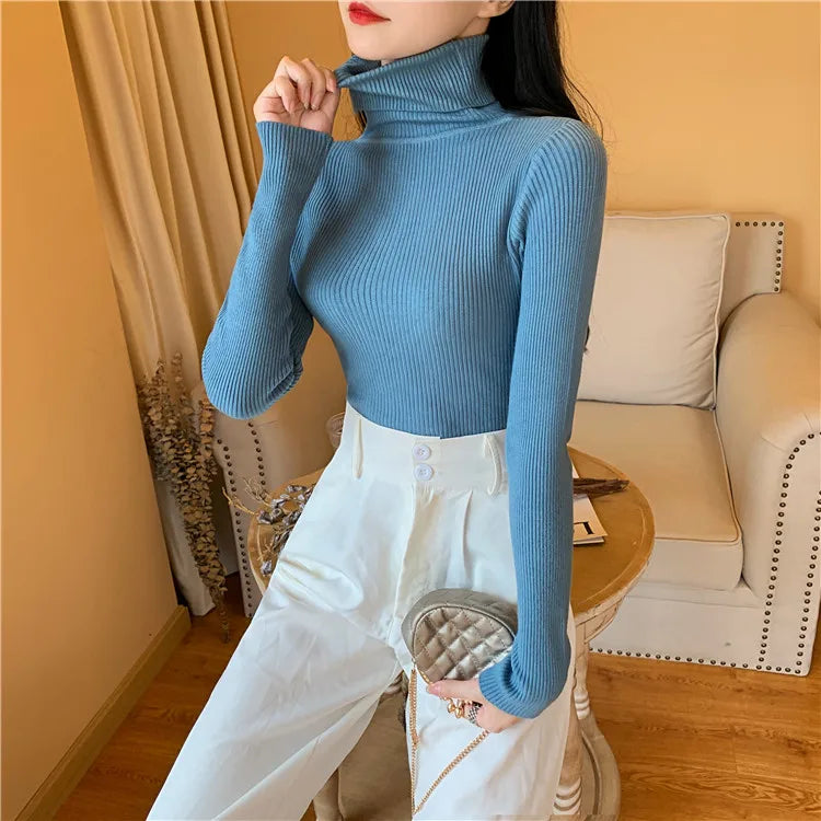 2023 herbst Winter Frauen Langarm Gestrickte Foldover Rollkragen Rippen Pull Pullover Weiche Warme Femme Jumper Pullover Kleidung