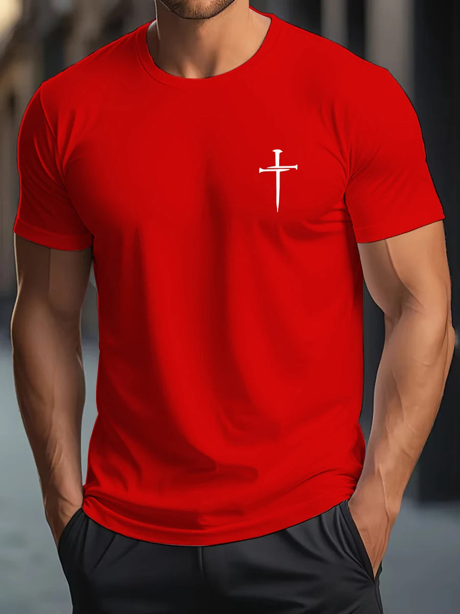 Men's Summer 100% Cotton Fashionable Casual Loose Large Size Faith Cross Printed Round Neck Short Sleeve T-shirt Top.