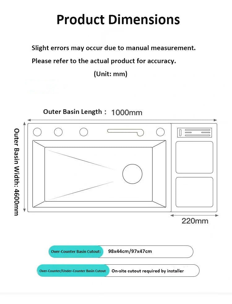 Large Single-Basin Digital Intelligent Sinks Water Bowl Stand 100x46cm Thickened Stainless Steel for Multi-Functional Kitchen