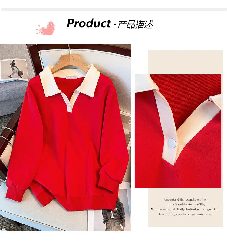 170kg plus size Damen büste Herbst lose Revers Langarm Sweatshirt schwarz rot 6xl 7xl 8xl 9xl 10xl 11xl
