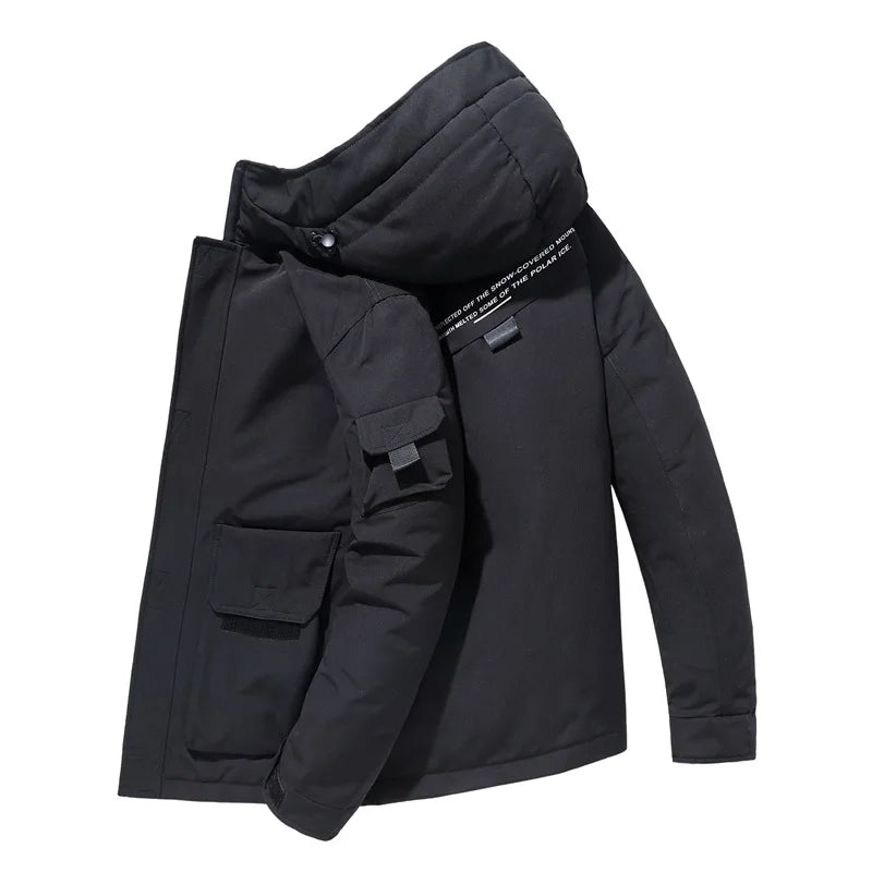 2025 new men's workwear down jacket, winter hooded warm jacket, multi pocket windproof down jacket, trendy down jacket.