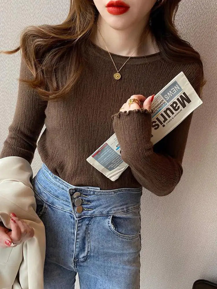 2025Oansatz Rippen Langarm Koreanische Dünne Weibliche Pullover Frauen Pullover Stricken Weiche Jumper Tops Geraffte Herbst Winter Tops