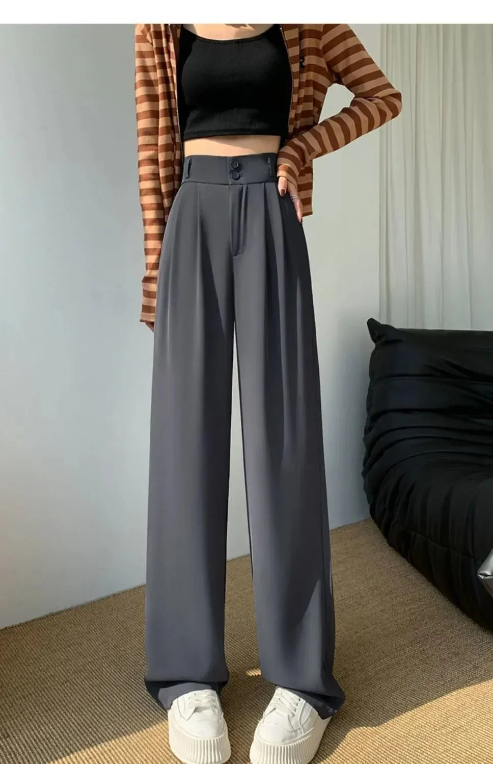 Elegante Breite Bein Hosen Frauen Koreanischen Stil Hohe Taille Schwarz Baggy Hosen Büro Damen Mode Lose Anzug Hosen Streetwear