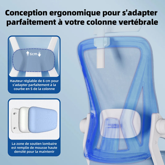 AUTHMIC Ergonomischer Schreibtischstuhl, blaue Liegerückenlehne, faltbare Armlehnen, verstellbare Kopfstütze und Lordosenstütze, strapazierfähig, 150 kg