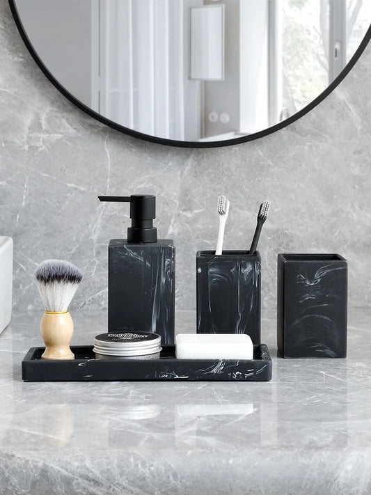 Bathroom Accessories Complete Marble Pattern Lotion Soap Dispenser,Toothbrush Holder,Tumbler,Tray Resin material Black white.
