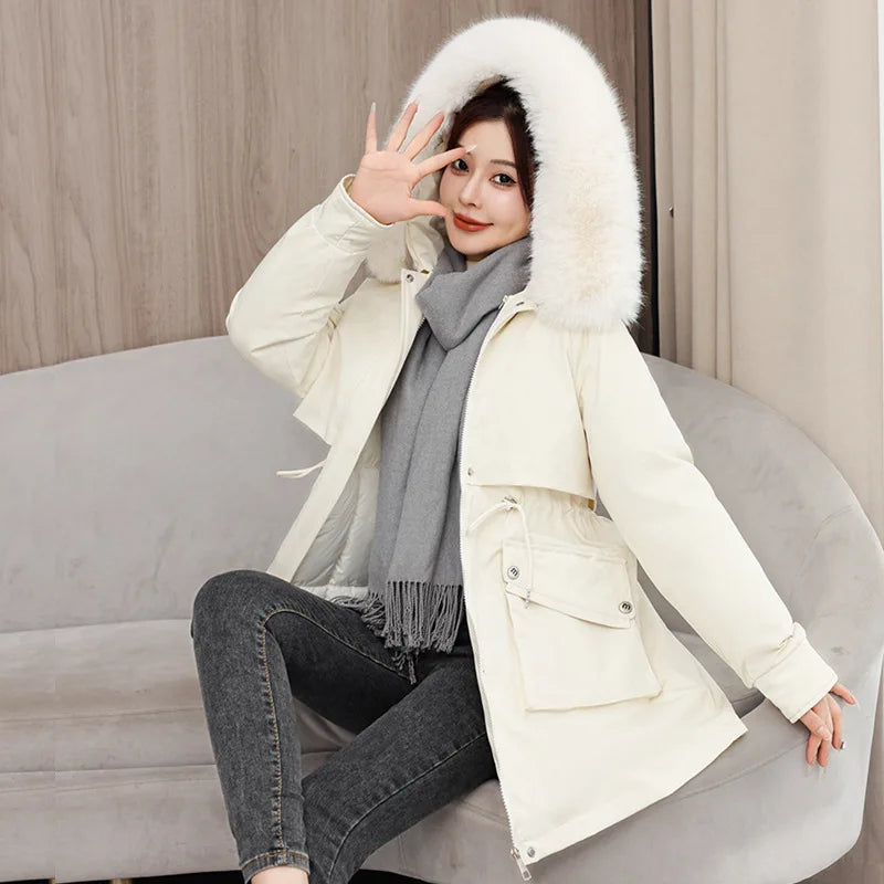Winter dame Winter Stepp Mantel Abnehmbare Futter Pelz Kragen Gürtel Parka Jacke Für Frauen Verdickt Thermische frauen Mantel