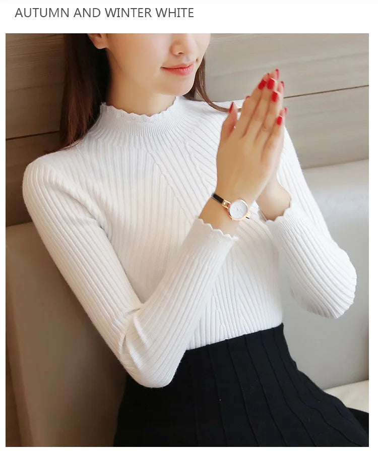 2025 herbst Frauen Mock Neck Rüschen Pullover Langarm Gestrickte Bodenbildung Solide Pullover Streifen Frauen Casual Pullover Winter