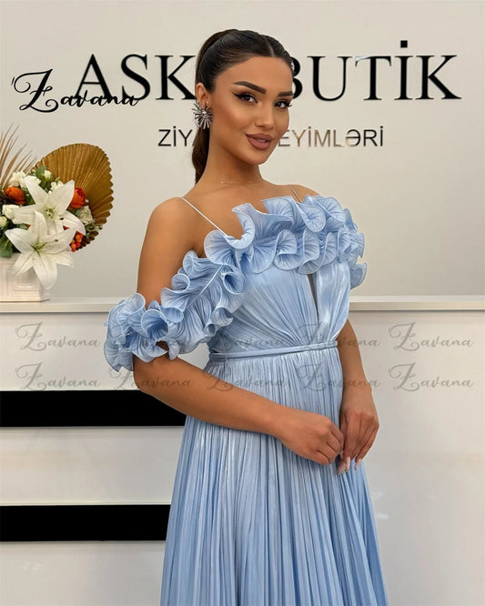 Zavana Stilvolles A-Linien-Abschlussballkleid, schulterfrei, mit Falten, Tüll, Tee-Länge, Saudi-Arabien, Festzug, formelles Partykleid, individuell gestaltet.