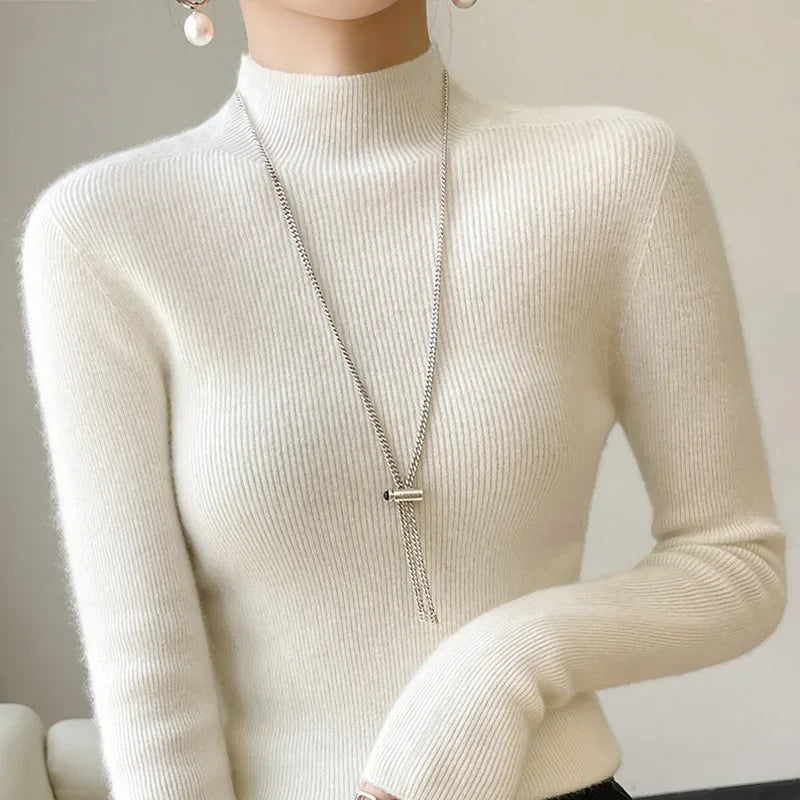 Herbst Winter Frauen Pullover Slim Fit Hohe Strecth Pullover Langarm Inneren Tragen Mock Neck Gestrickte Tops Koreanische Mode Jumper