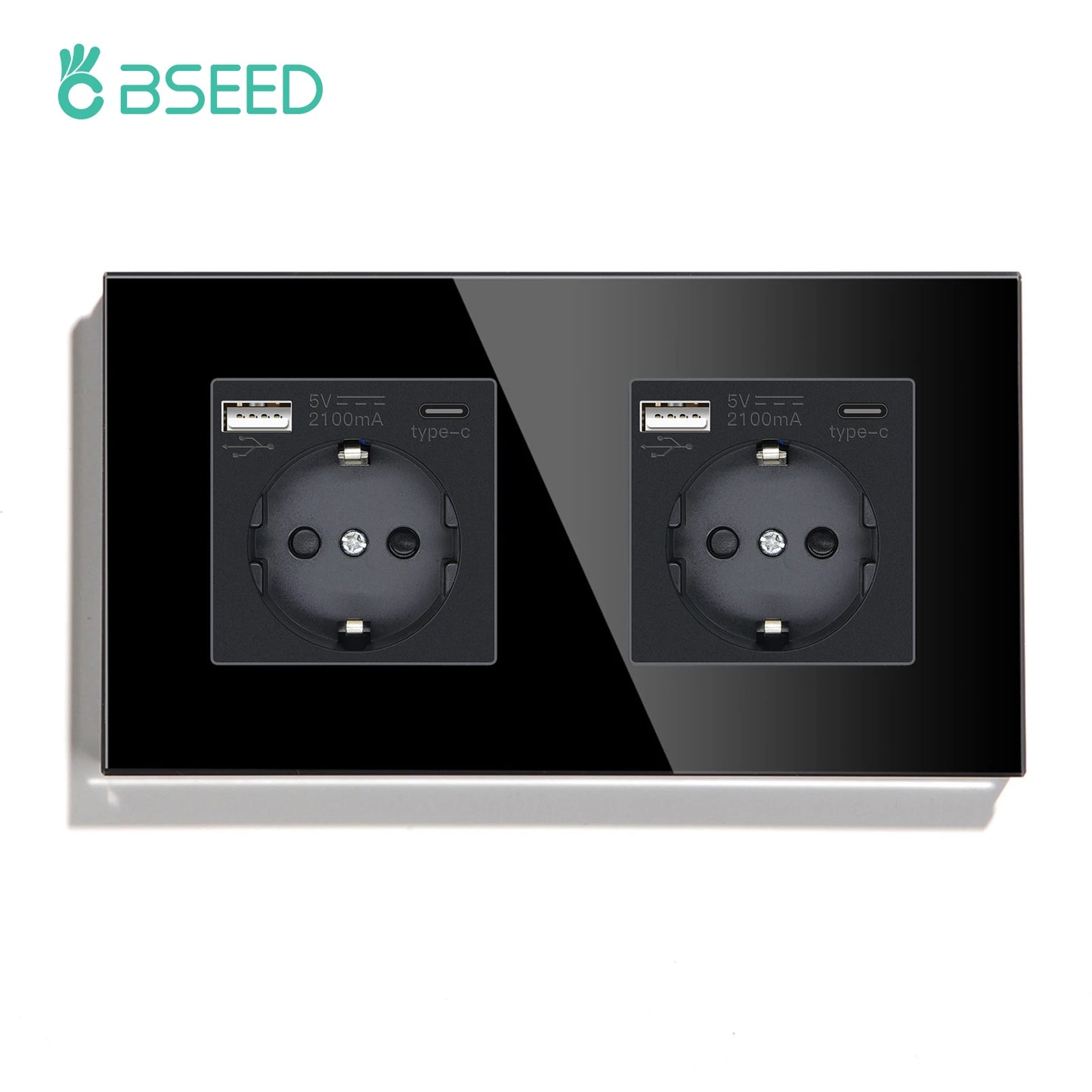 BSEED Touch-Lichtschalter mit EU-USB-Steckdosen, schwarze Wand-LED-Schalter, 1/2/3 Gang, 1-Wege-Kristall, dunkelblaue Hintergrundbeleuchtung, Wandschalter