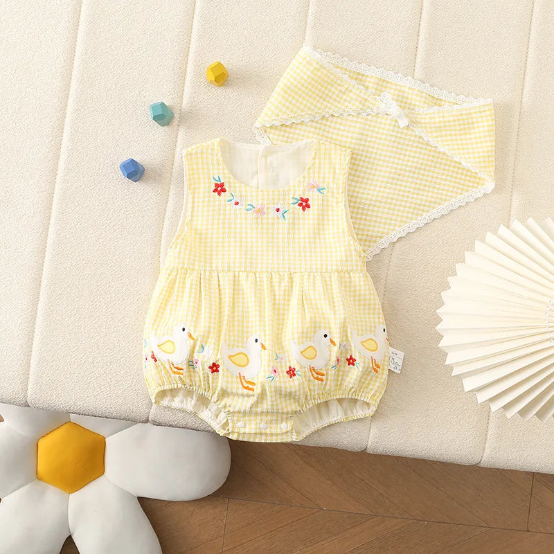 0–2 Jahre Neugeborene Kinder, bezaubernder Baby-Mädchen-Strampler aus Baumwollgaze, gelb kariert, bezauberndes besticktes Enten-Design – weich und süß