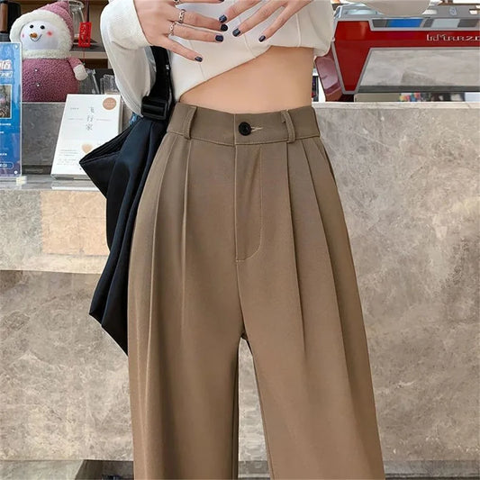 Fashion High Waist Wide Leg Pants Women Spring Fall Baggy Black Trouser Office Ladies Full Length Straight Suit Pant Outwear New.