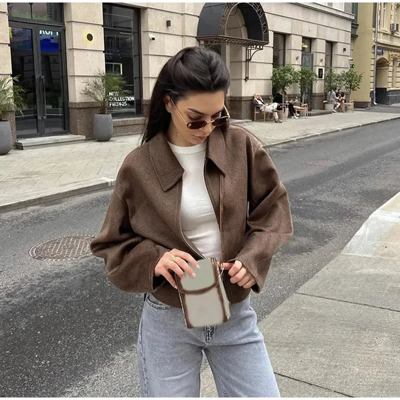 Mode Braun Zipper Woolen Jacke Für Frauen Elegante Revers Langarm Kurze Mäntel Weibliche Vintage Herbst Dame Straße Oberbekleidung