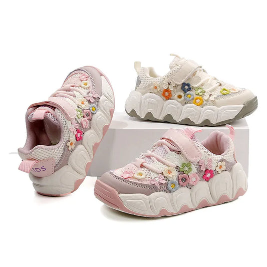 Girls Flowers Sports Shoes Children Princess Embroidered Running Shoes Air Mesh Girls Casual Sneakers Summer 2025 New.