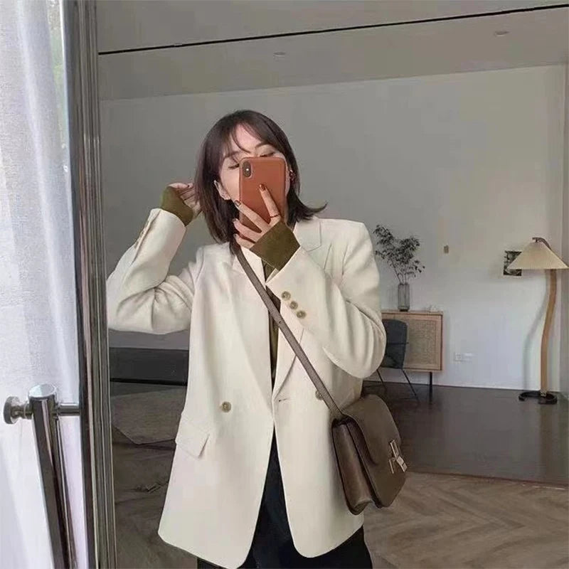 Koreanische Weiß Anzug Mantel Frauen Elegante Langarm Revers Blazer für Frau Herbst Winter Einzigen Taste Einfarbig Business Jacke