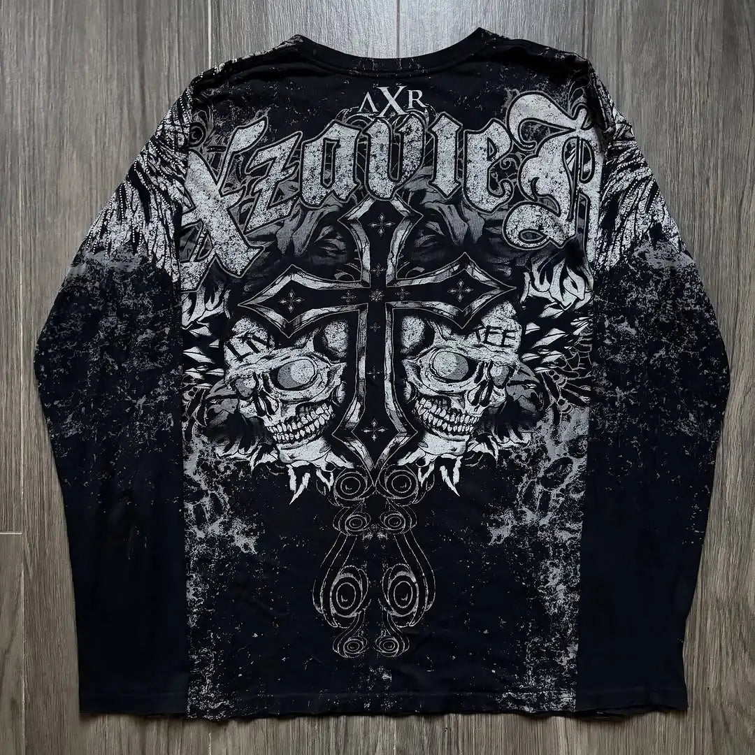 Retro Cross Print American T-shirt Cotton Round Neck Breathable Shirt Hip Hop Couple American Goth Cross skull print T Shirts.