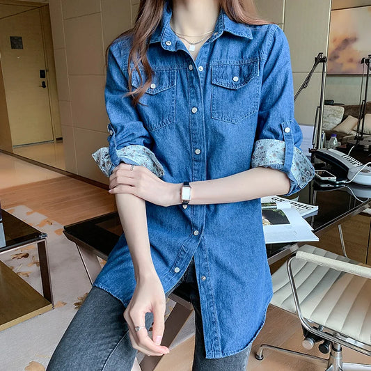 Women's Loose Denim Shirt with Long Sleeves New Spring and Autumn Thin Top Mid To Long Length Jacket and Outer Shirt 11968.