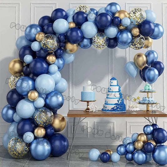 Blaue Geburtstagsballons, Bogen-Set, Geburtstagsdekorationen, goldene Konfetti, marineblaues Ballon, Junge, Mädchen, Babyparty, Hochzeit, Taufe, Dekore.
