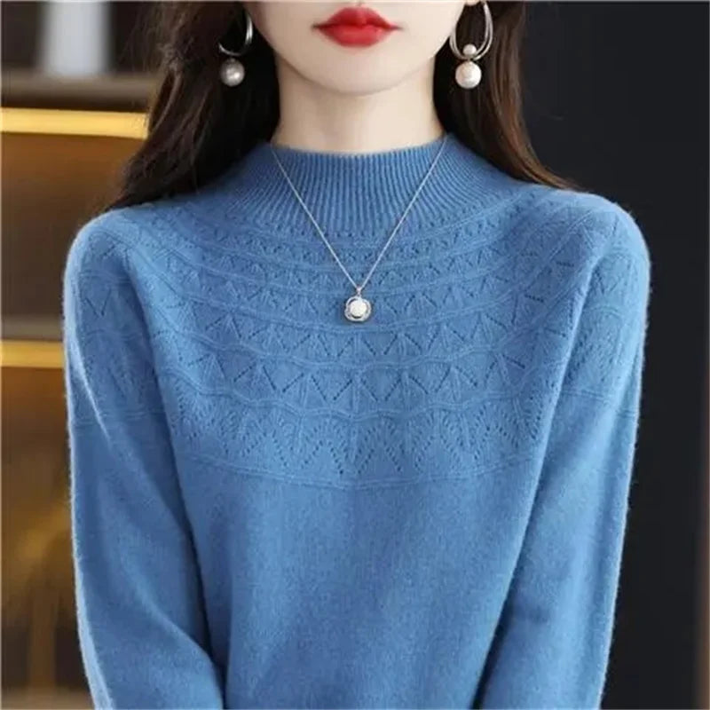 Neuer Kaschmirpullover für Damen, Herbst und Winter, 100 % reine Wolle, Hemden, Strickpullover, ausgehöhlte Strickwaren, weiche Pullover