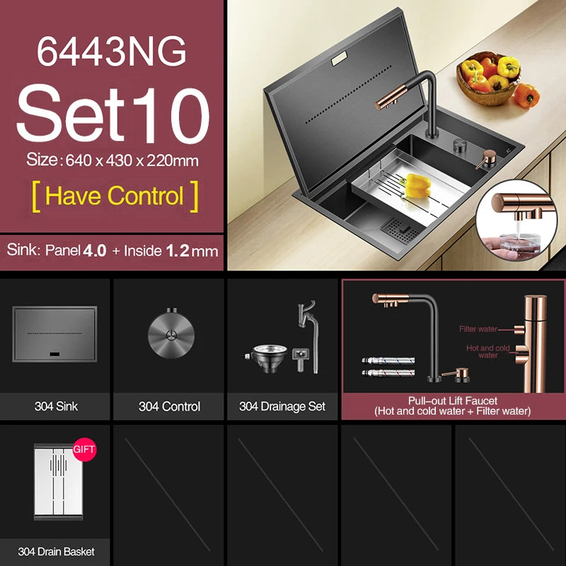 Nanometer Black Hidden kitchen Sink SUS 304 Stainless Steel 4mm Thickness Flip Cover Hidden Handmade kitchen Sinks