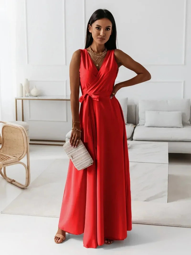 Frühling Sommer Neue Stil frauen Lange V-ausschnitt Kleid Reine Farbe Maxi Kleid Ärmelloses Empire-Taille Kleid für Damen Modische