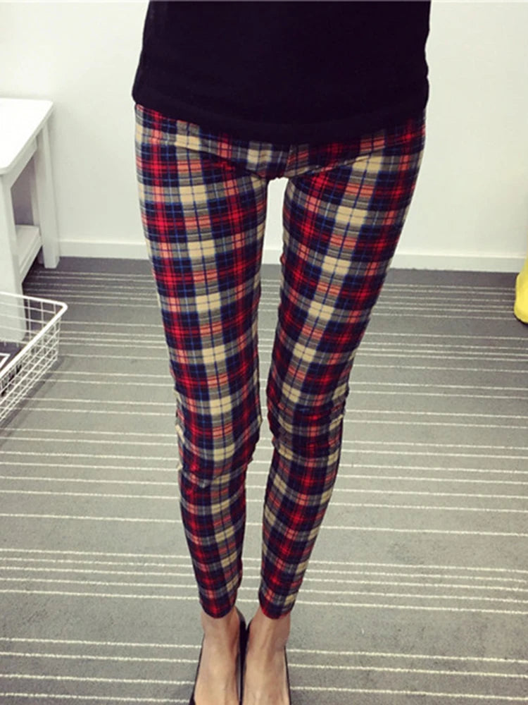 CUHAKCI Mode Plaid Druck Leggings Frauen Sexy Fitness Leggins Grid Floral Streifen Hosen Hohe Taille Bleistift Hosen